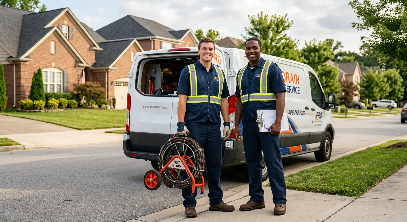 Sewer and drain service team with equipment ready for work in Conway
