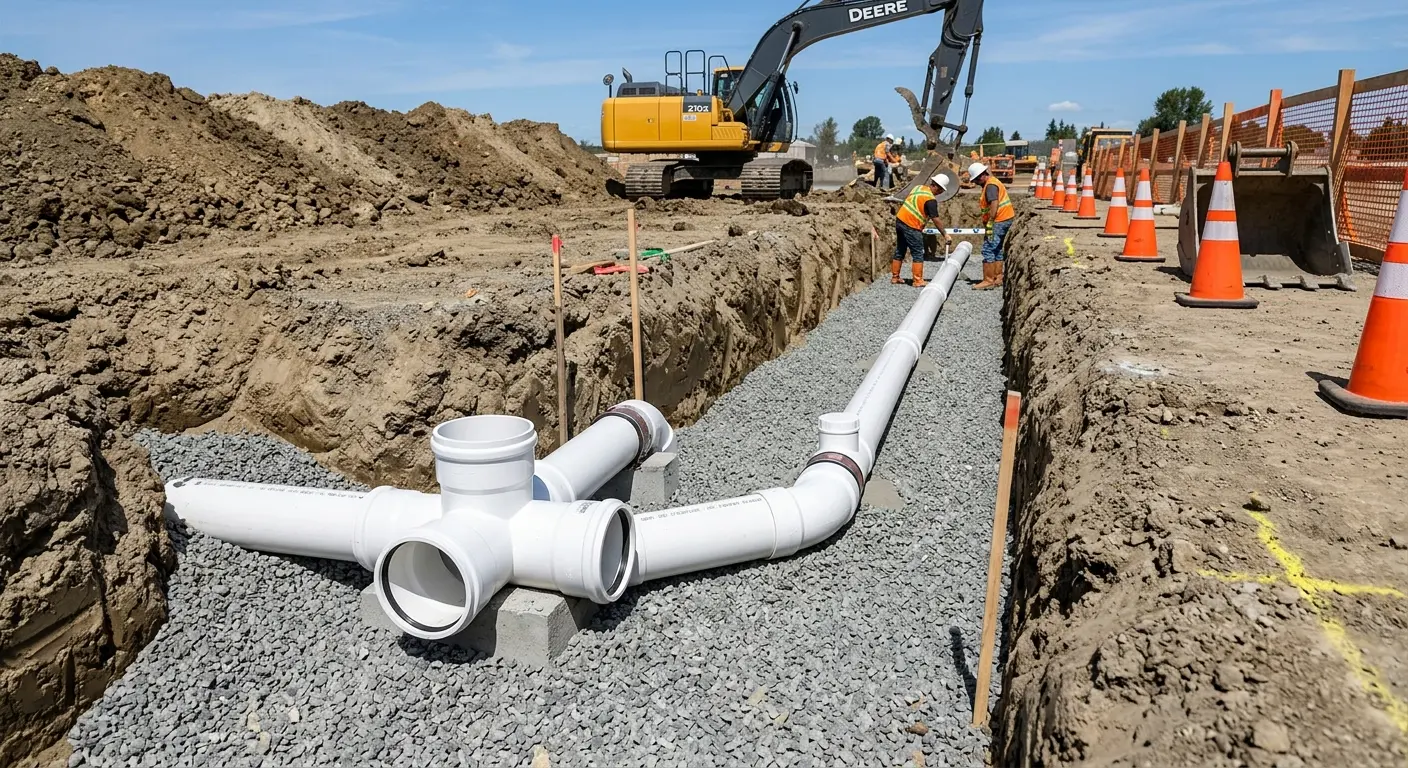 New PVC sewer pipe installation in open trench for Commercial Drain Cleaning in Conway