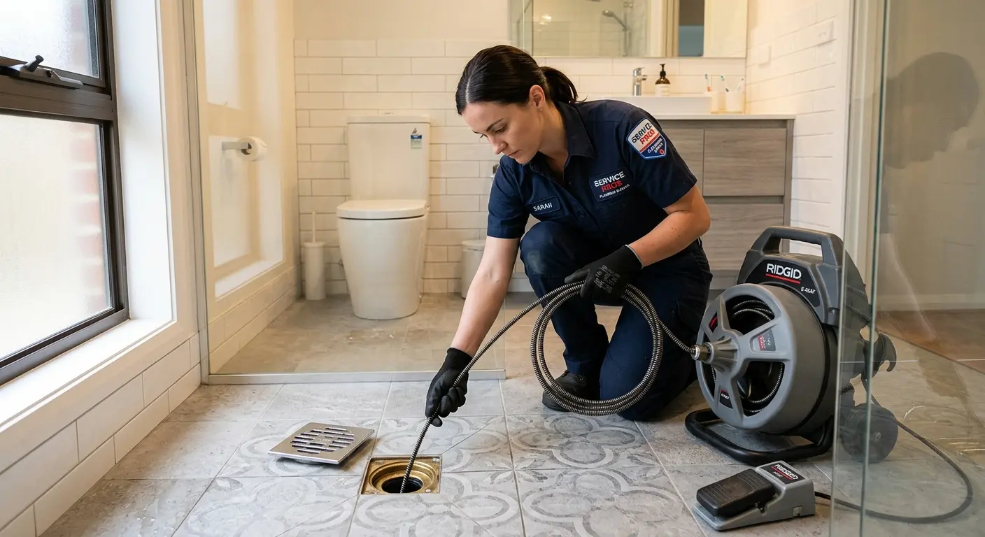 Technician clearing a bathroom floor drain for Hydro Jetting in Conway